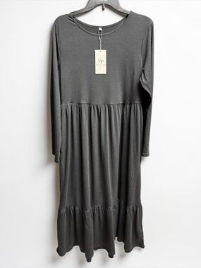 NWT Mengpipi XXL Black Gray Tiered Midi Dress Long Sleeve Pockets